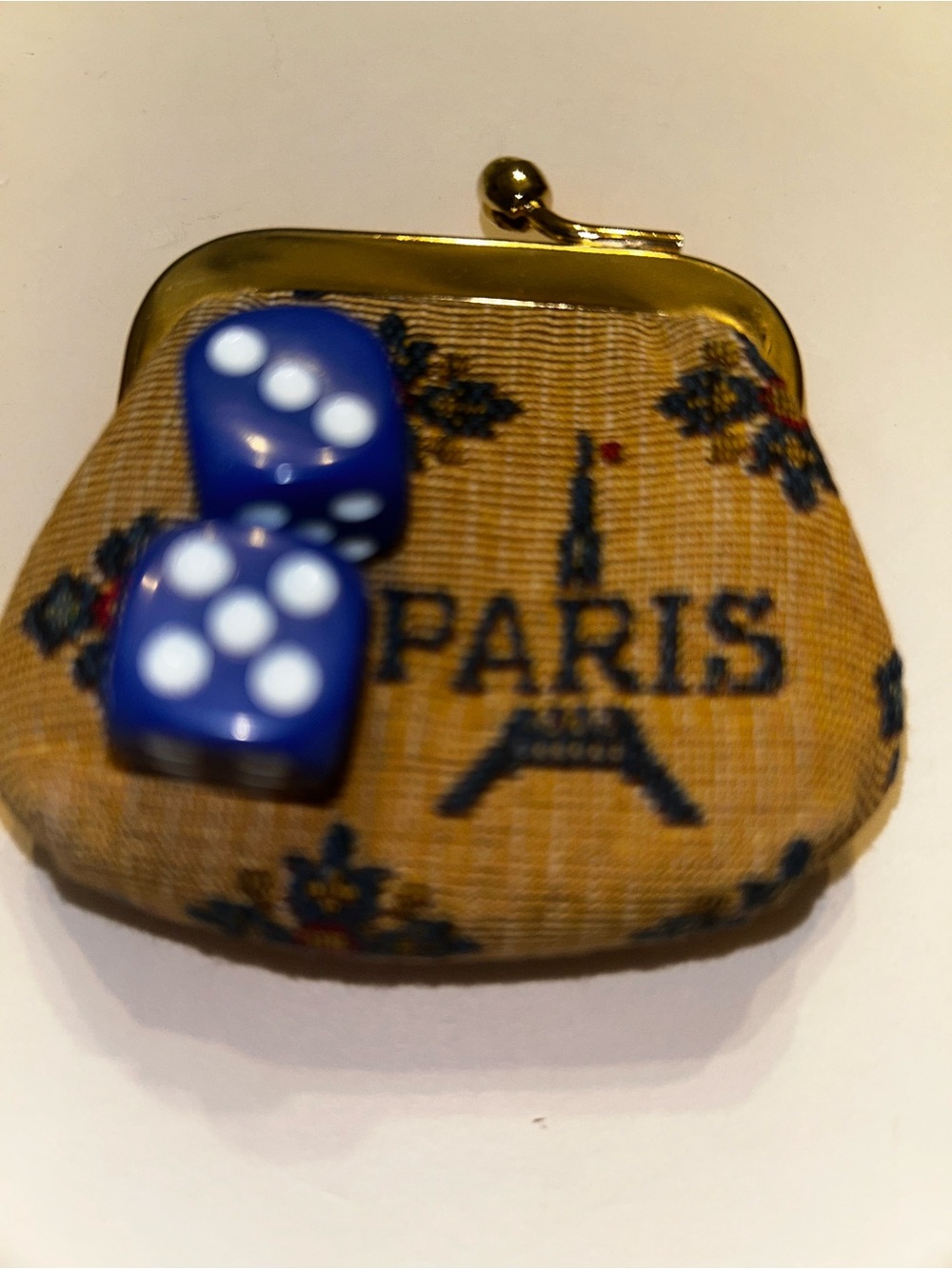 Paris-Print Small Kiss-Lock Mah Jong dice caddy or Coin Purse in Mustard